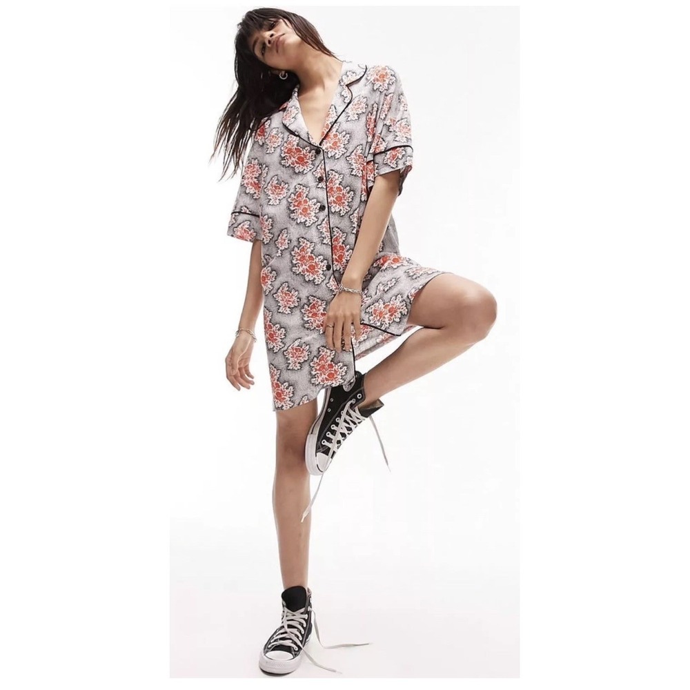 Topshop T-Shirt Dress Kimono Floral SZ US 6 Button Down Skater Resortwear Cabana - Picture 2 of 10